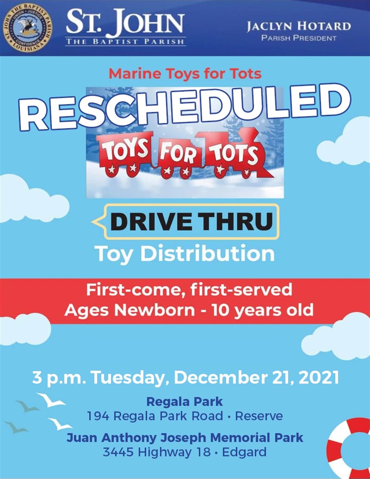 Toys for Tots Drive Thru Distribution St. John the Baptist Parish
