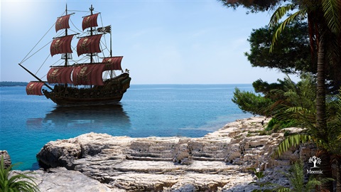 A pirate ship in a lagoon.